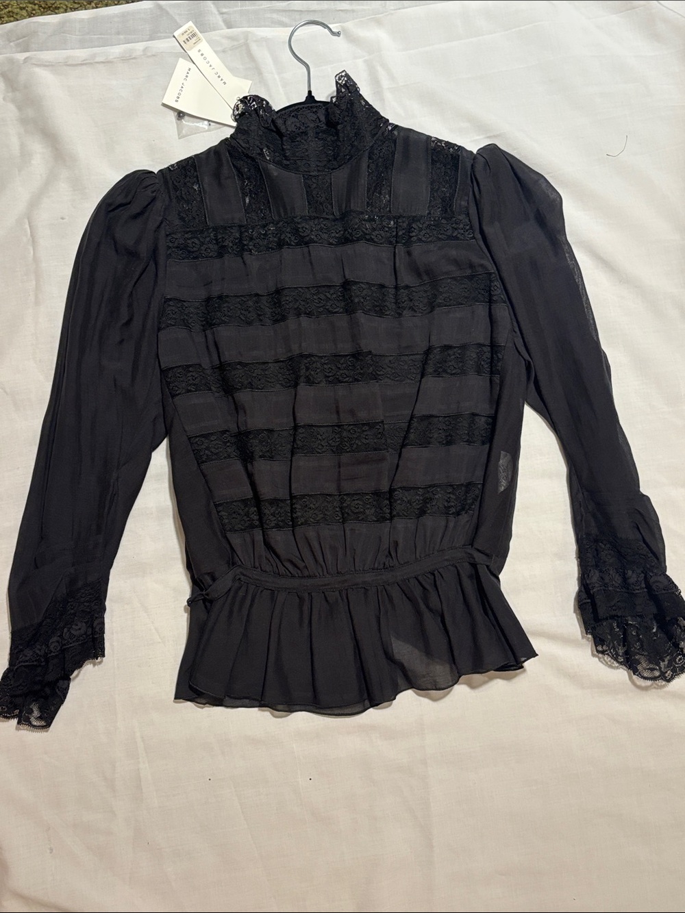 Marc Jacobs Black Sheer Lace-Trim Button Front Blouse